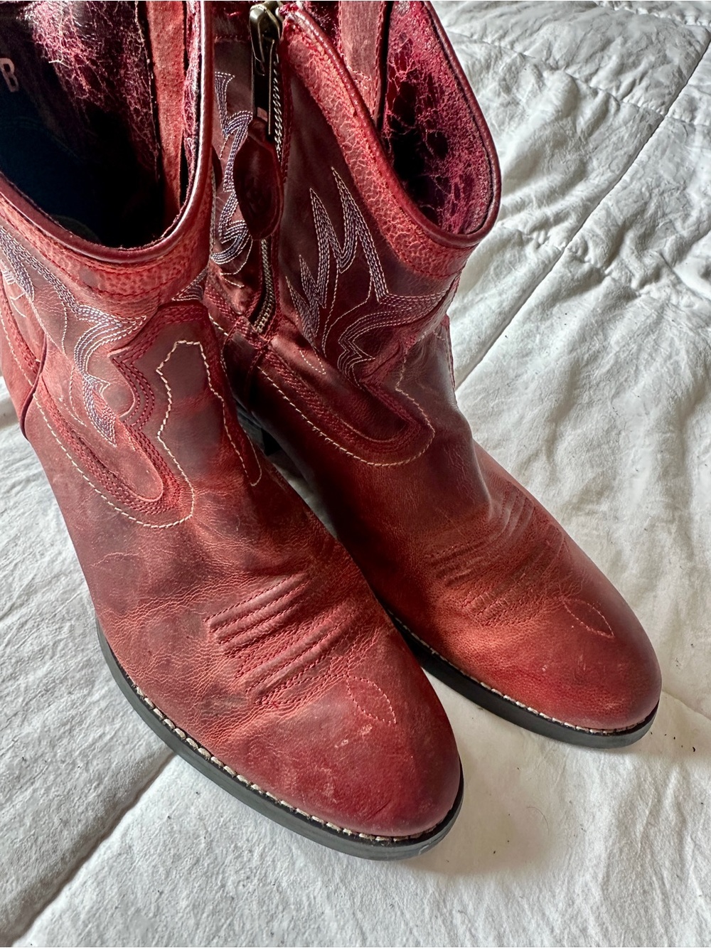 Ariat Red Leather Ankle Cowboy Boots with Decorative Stitch - Picture 3 of 5